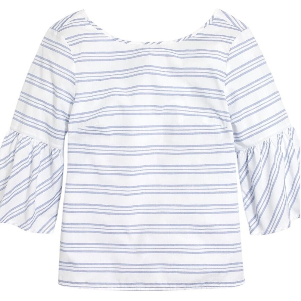 J.Crew Top Womens 8 Blue Striped Bell Sleeve Tie Back Boatneck Cotton Blouse NWT